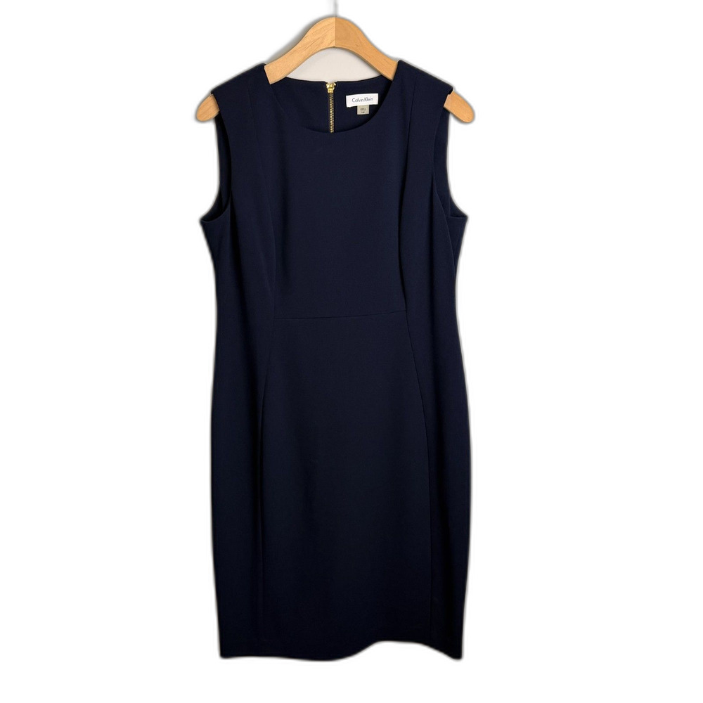 Calvin Klein Navy Blue Sheath Dress Sleeveless Zip Back Size 14P
